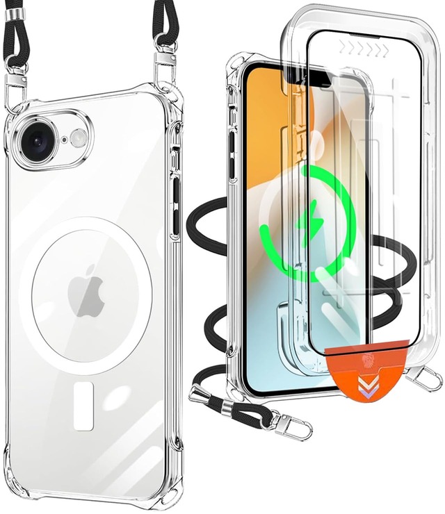 xiusiteli iPhone 16E/17E 用 ケース クリア ショルダー TPU Magsafe対応 ブラック縄