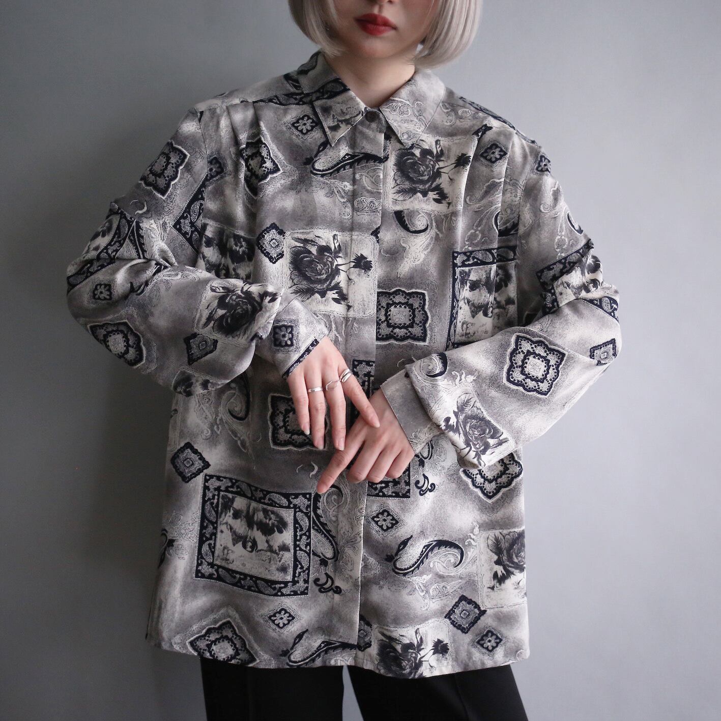 "墨絵"monotone art graphic pattern fry front shirt
