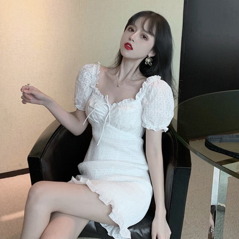 Aラインホワイトスカート ドレス ウェストオータムウィンターショート 秋物 冬物 フラワーデザイン YY-ファッション41638946750