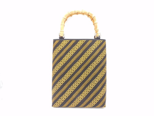 バンブー手提げ（大）黒/黄　輪繋ぎ柄