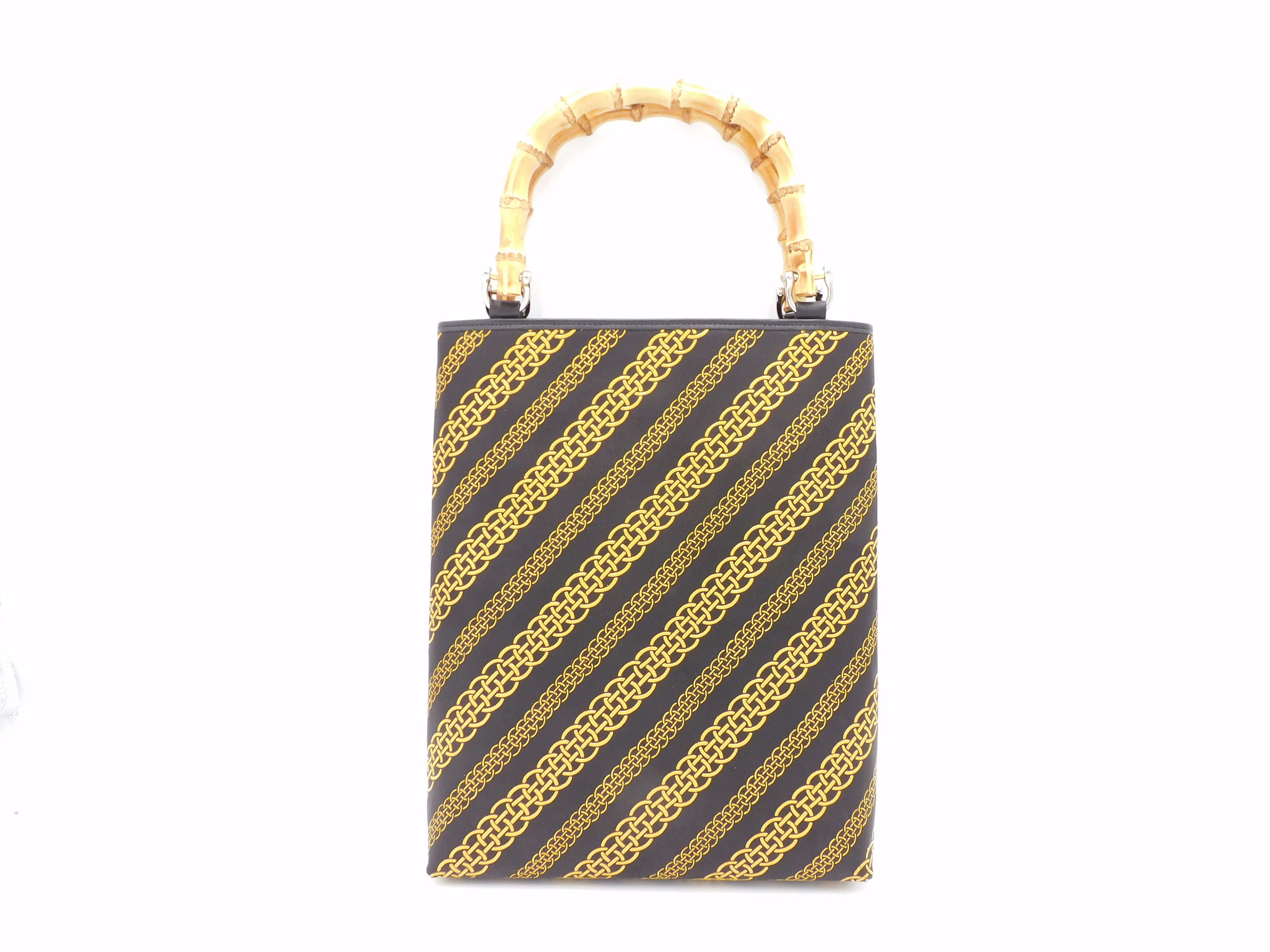 バンブー手提げ(大)黒/黄 輪繋ぎ柄