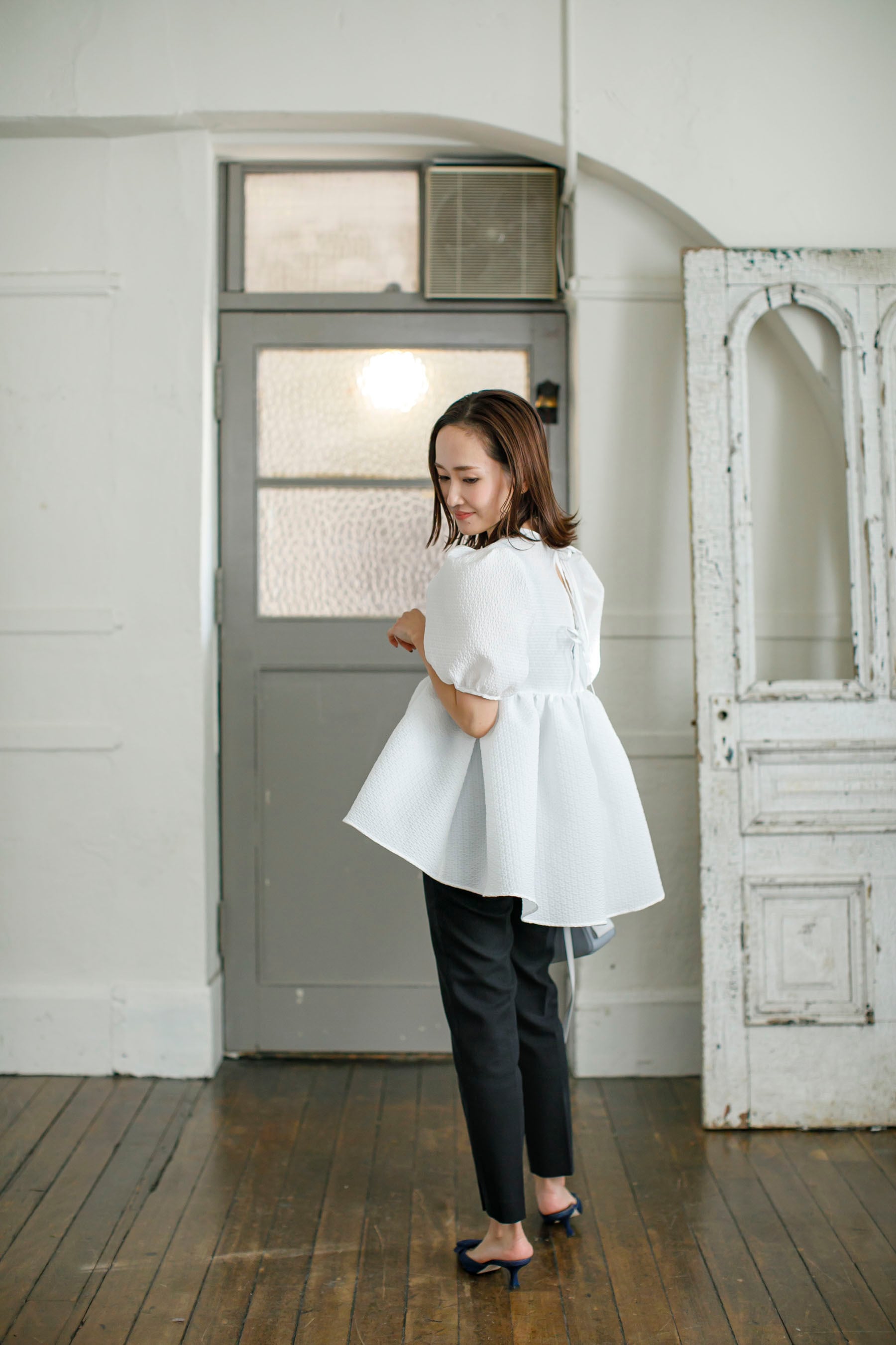 blulea ブルレア Silky jacquard blouse SAX BLUELEA ブルレア Ribbon 