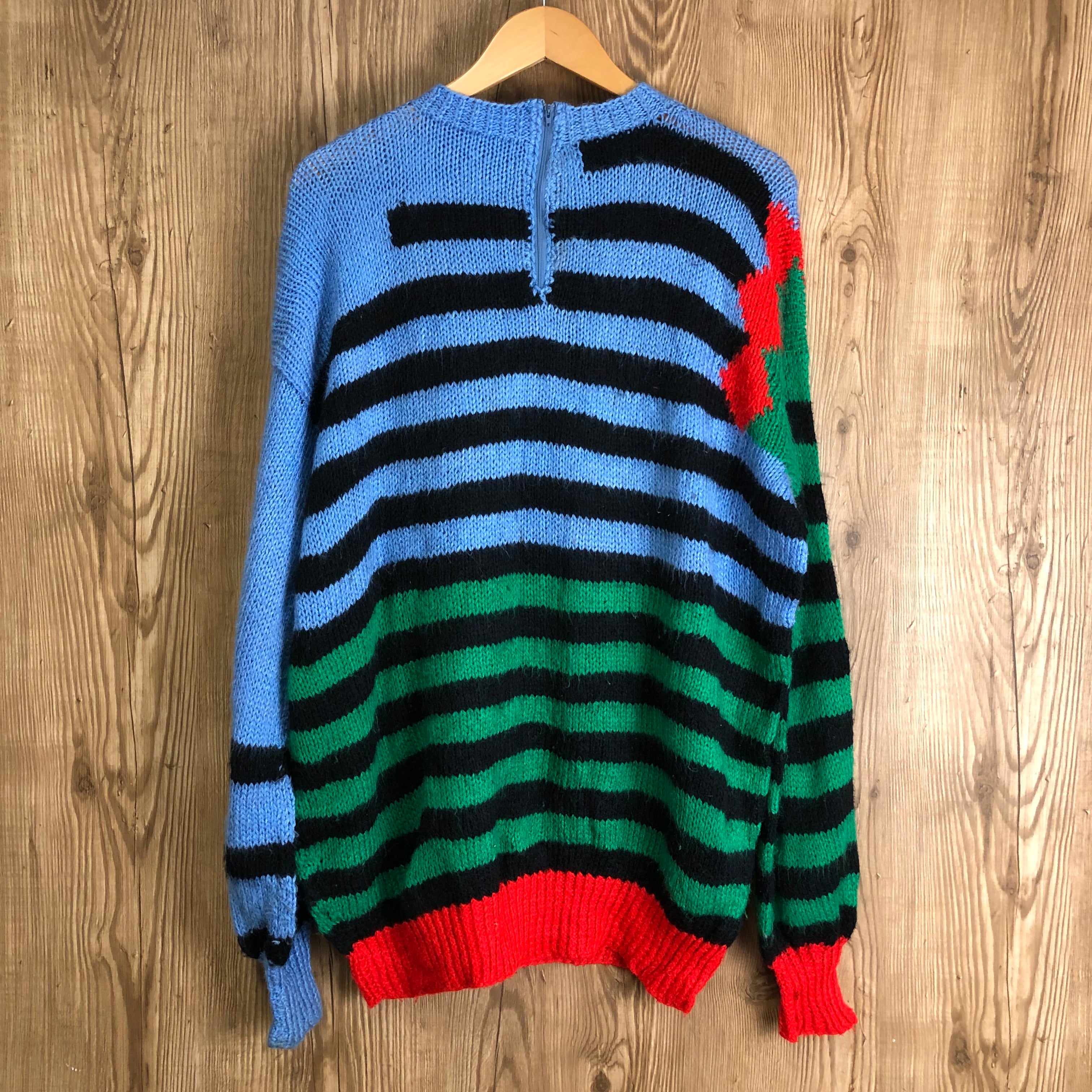 used レトロ ポンポン ニットセーター 古着 ヴィンテージ vintage ニット セーター レディース 長袖 L 黒 古着 総柄 ボーダー柄