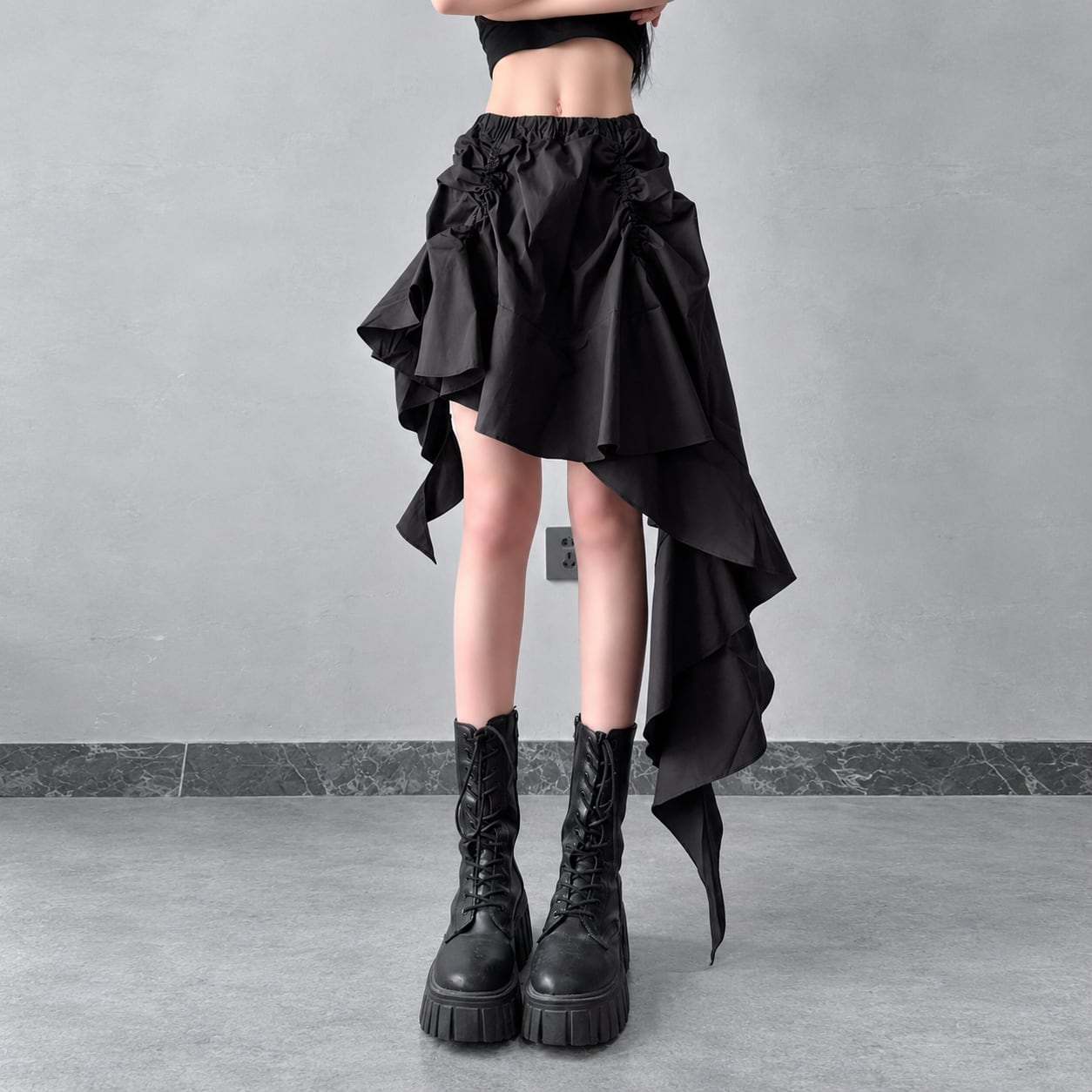 asymmetry gather ruffle skirt / l0735