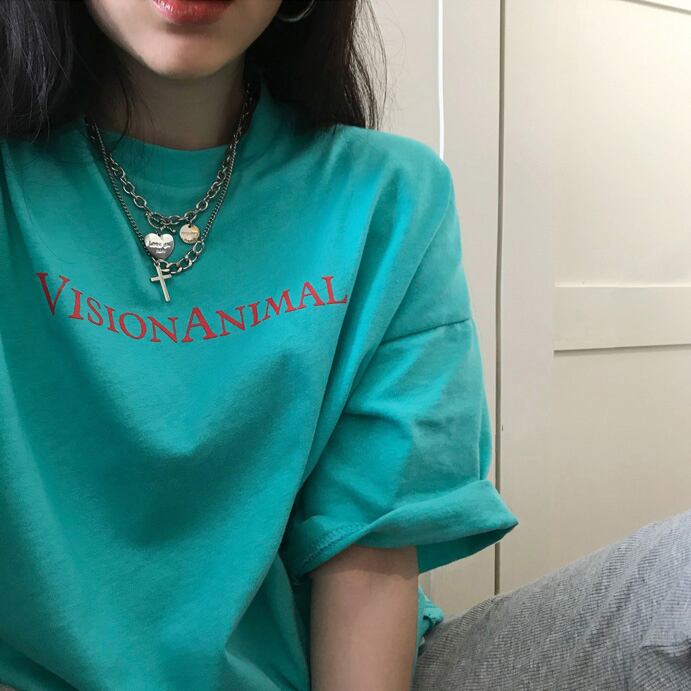スタンダードルーズラウンドネック半袖スリーブTシャツ トップス レディース ショート レトロ ハーフスリーブ Oネック ビッグFスモールZ韓国19889786634