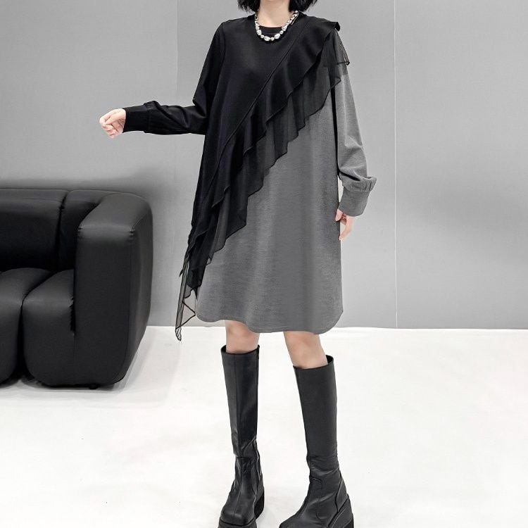 ASYMMETRIC RUFFLE CONTRAST LAYERED SLEEVE DRESS M-18726