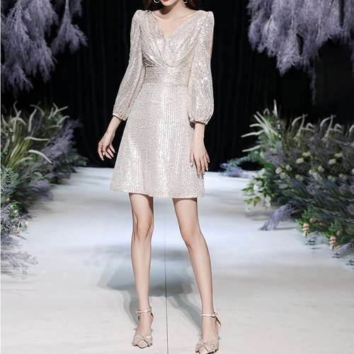 ドレス パーティードレス ミニ丈 スパンコール キラキラ 7分袖 レディース 大人可愛い フォーマル きれいめ 結婚式 二次会 お呼ばれ 謝恩会 hin-1046