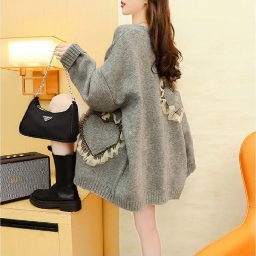 カーディガン ニット アウター セーター トップス ジャケット ブラック フリーサイズ レディース ハート フリンジ あったか素材 可愛い 秋冬 韓国風 オルちゃん ビックシルエット トレンド 人気