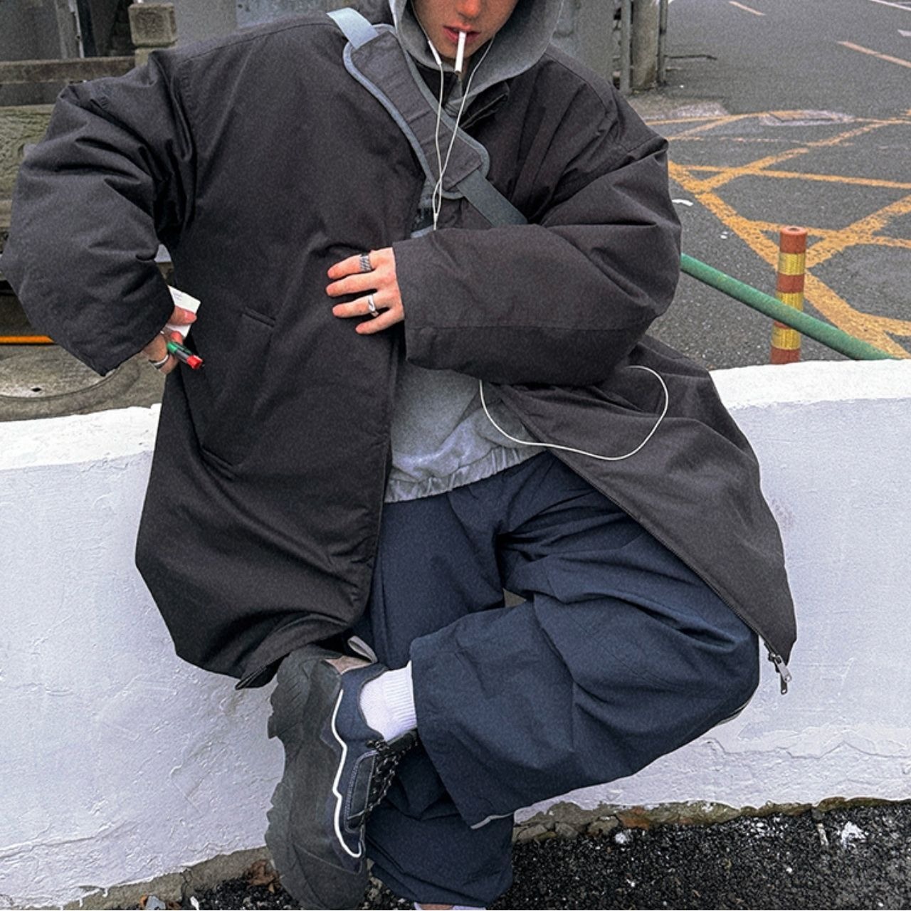 チャコールグレービッグキルトジャケットコート　1053