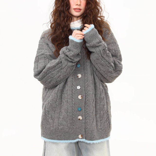 button front cable knit cardigan　ボタンフロントケーブル編みニットカーディガン　J1594