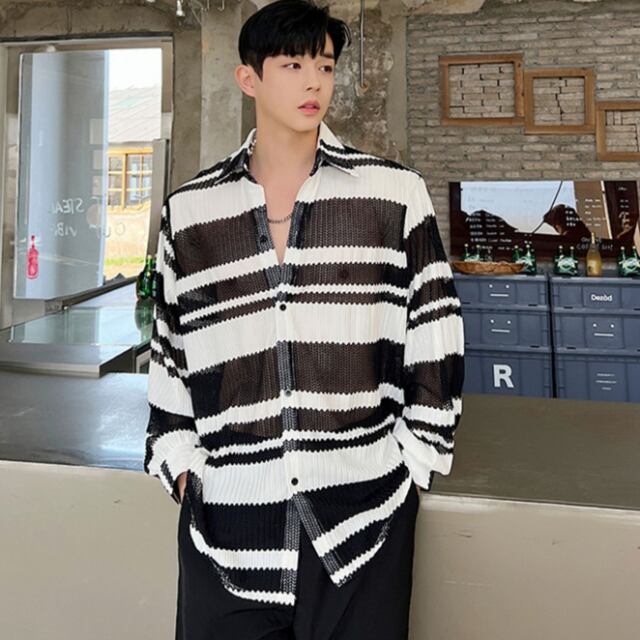 【予約販売】シャツ 長袖 透け感 肌見せ シアー メンズ 模様 ボーダー柄 総柄 ブラック カジュアル シック 結婚式 フォーマル こなれ感 お洒落 韓国 トレンド 春 夏 M/L/XL