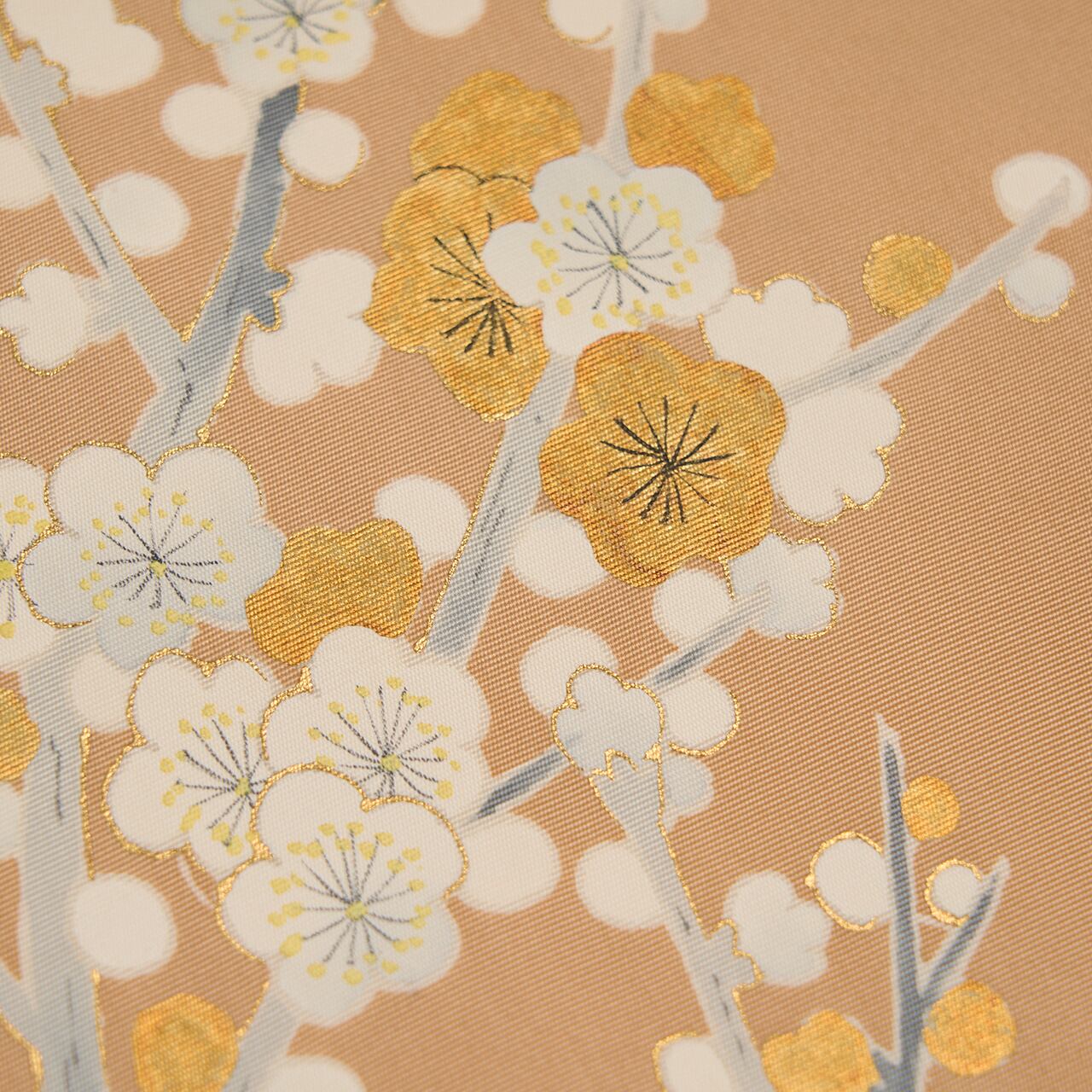 MO-3295 名古屋帯 手描き 花模様 薄卵色 金彩 929b3f09e33904fb9806040f2fc826