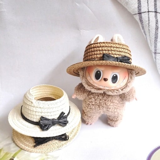 レネ ぬいぐるみと帽子セット Labubu 123代用 麦わら帽子 ぬいぐるみ 黒リボン付き クラシック