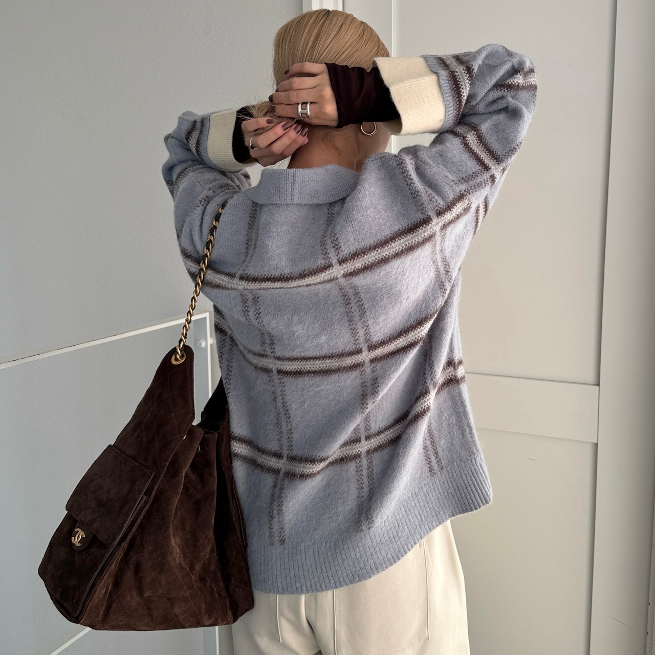 チェック柄スキッパーモヘアタッチknit/ペールブルー