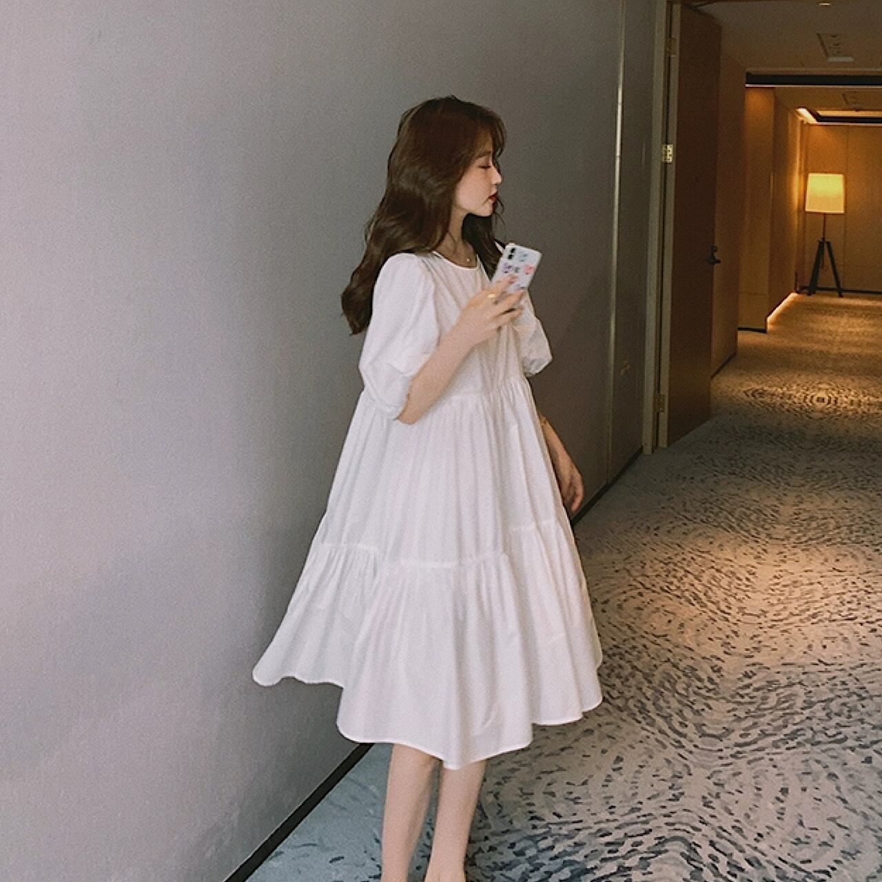 ピーコックブルー 夏 薄くて ゆったり ワンピース ドレス 半袖 きれい