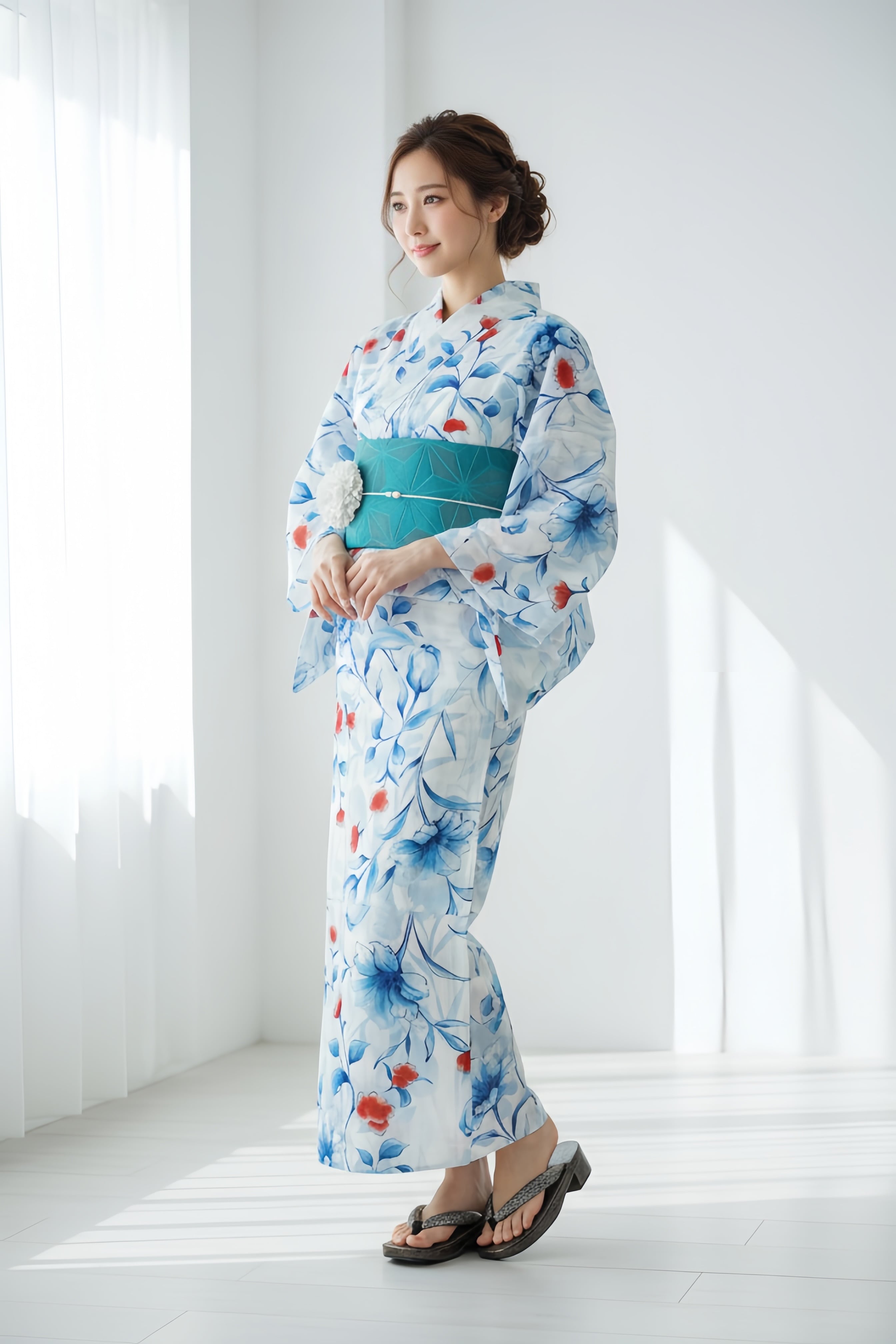 浴衣ジェンヌ 浴衣5点セット 白地にチューリップ等の花々 ポリエステル ゆかた 半幅帯 浴衣