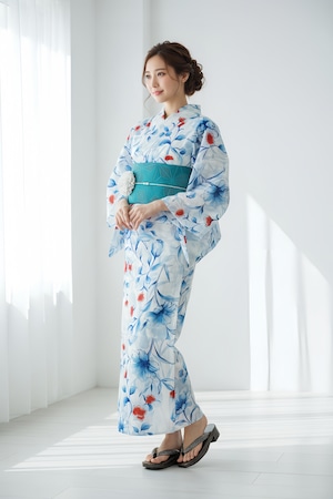 浴衣ジェンヌ 浴衣5点セット 白地にチューリップ等の花々 ポリエステル ゆかた 半幅帯 浴衣