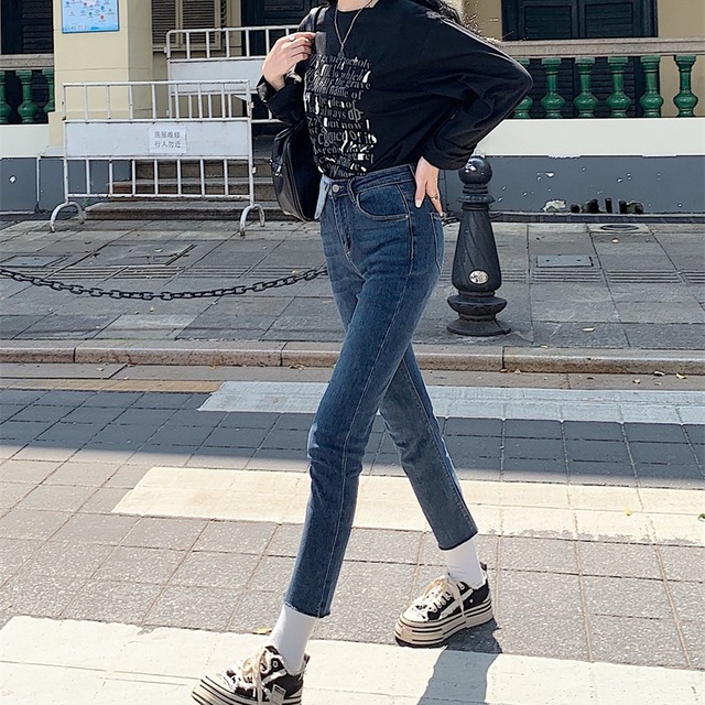 ハイウェストジーンズ オータムスリムクロップド 秋物 モンロー44575027170