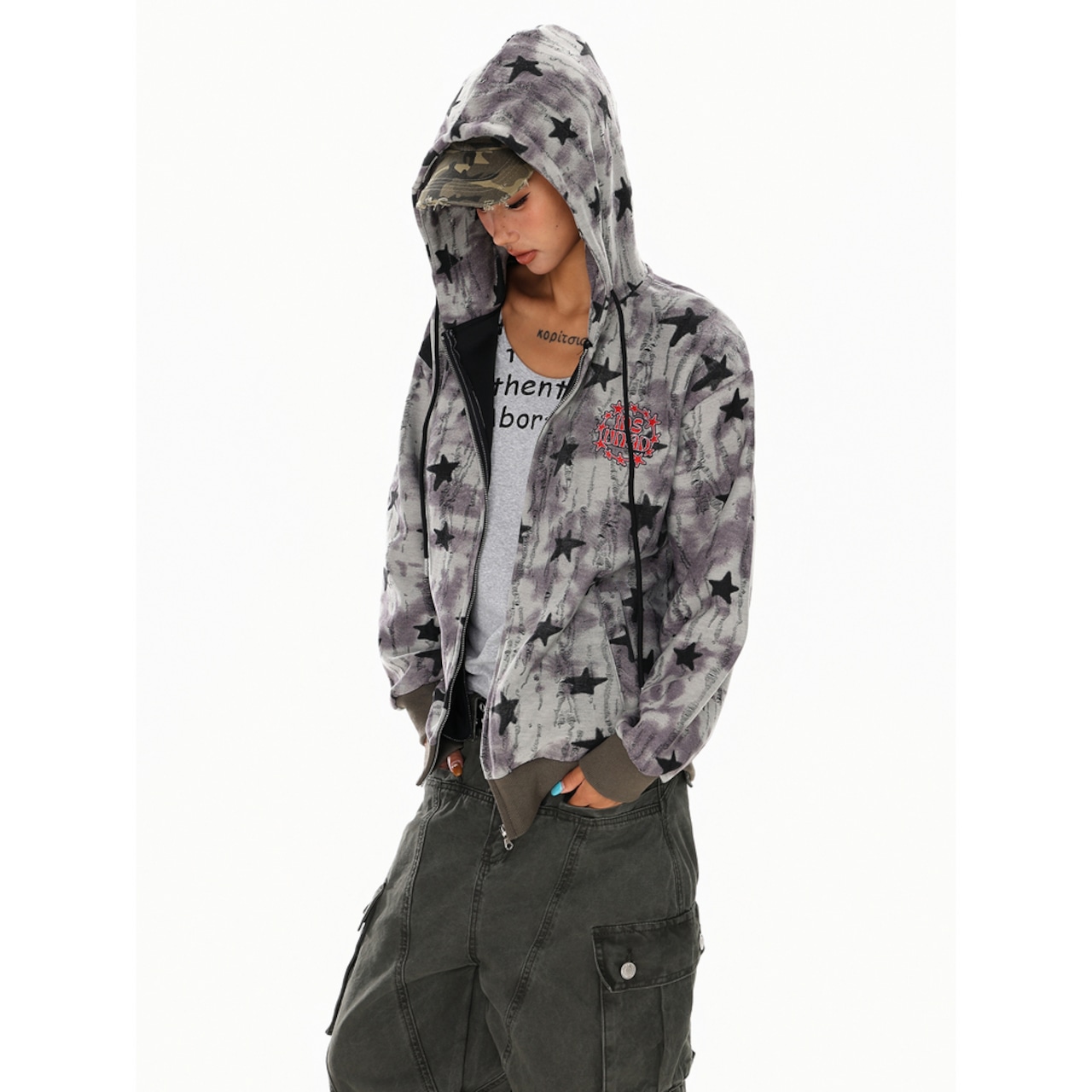 VINTAGE ストリート 星ダメージ加工 ジップパーカー T1886