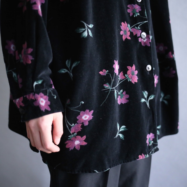 black base art flower pattern loose cotton velours shirt
