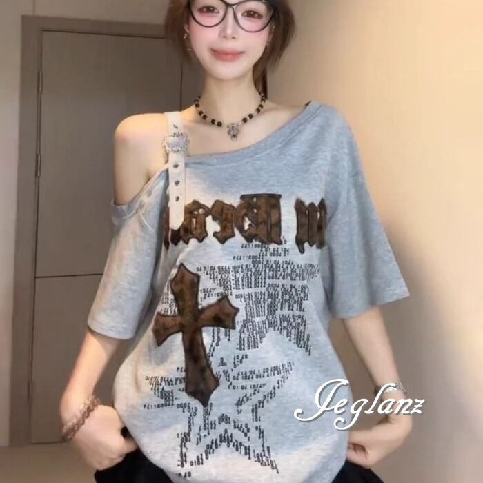 スタッズ ベルト ロゴ クロス Tシャツ ワンショル ルーズ ♪ (MC717)β