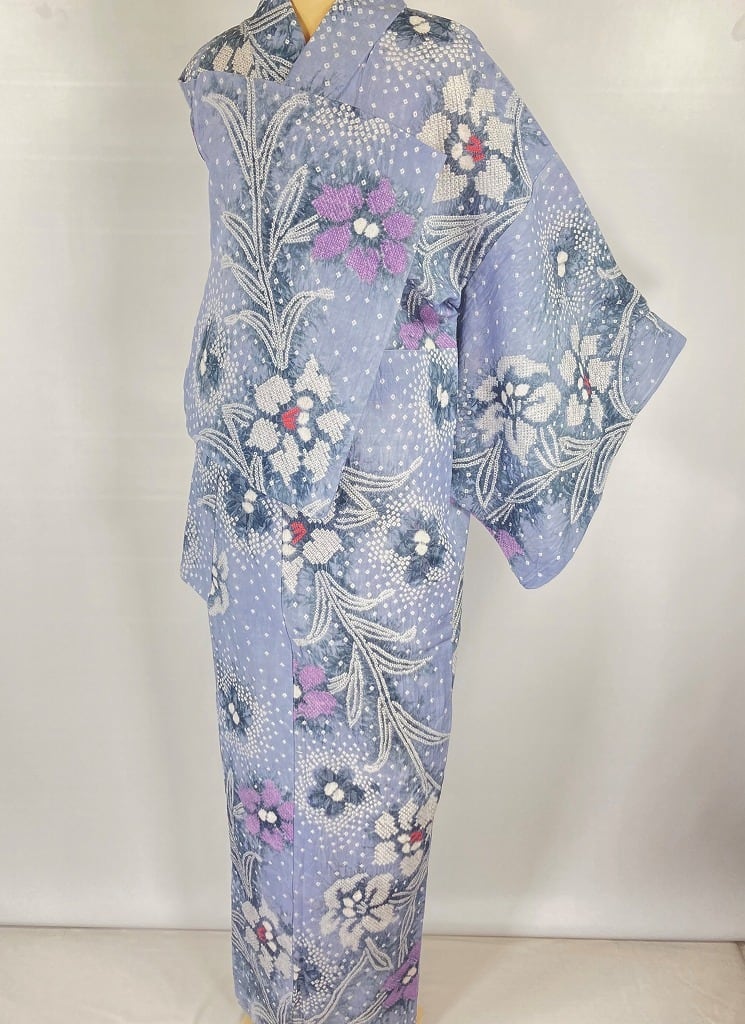 有松絞り【浴衣】百合 花柄 綿 総絞り 水色 紫 白 グレー 041 | kimono