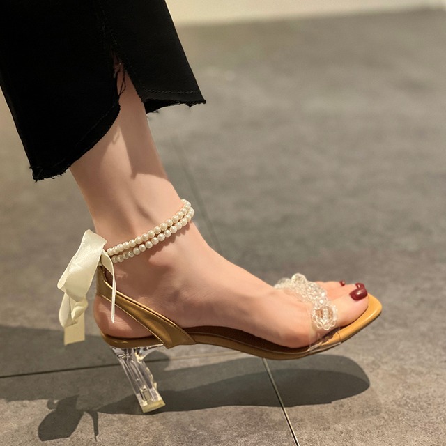 サンダルサマーパールスタイルヒール ハイヒール 靴 シューズ 夏物 真珠 部族の婦人靴32945696783