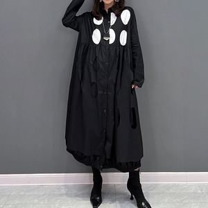 DOT DESIGN A-LINE LONG SHIRT DRESS 2colors M-6042