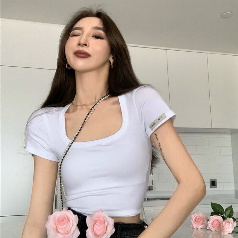 Tシャツ サマーカラーショート薄手ハイウェストウェストブラックトップス 夏物 ピュア スクウェア YY-ファッション19149108882