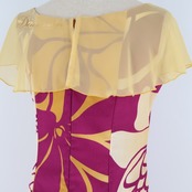 フラダンス 衣装 ワンピース ドレス パープル系 ティアレ柄 イエロー系 ノースリーブ フリル シースルー かわいい 華やか 鮮やか 明るい ハワイアン アロハ ハワイアンプリント フラ ダンス レッスン 練習 ノースリーブドレス フラ衣装 明るい色