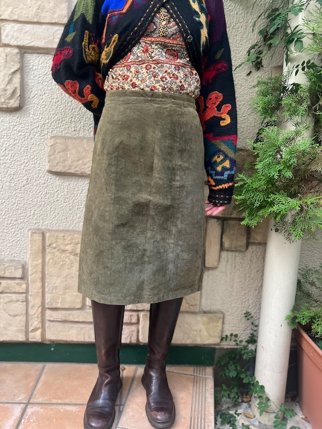 Vintage khaki simple suede skirt ( ヴィンテージ カーキ  シンプル スウェード スカート )