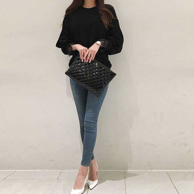 【予約販売】トップス レディース 秋冬 カットソー 長袖 袖シフォン スリット 黒 ブラック こなれ感 プルオーバー 無地 大人可愛い