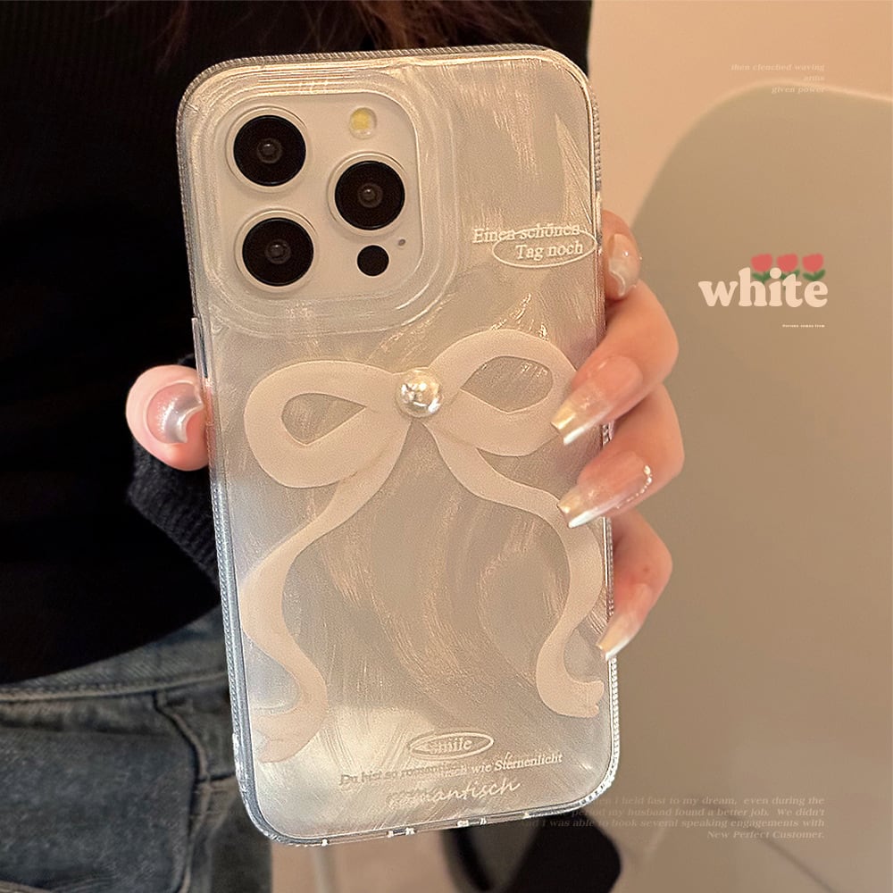 【iPhone16対応】ホワイトパールの美しさ◎リボン 艶めくケース シルバー オーロラ パールデコ かわいい 蝶々結び スマホケース ND-15215