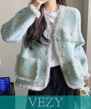 ラメツイード風ジャケット韓国風おしゃれ ノーカラージャケット セミフォーマル羽織り ふわふわ ニットカーディガン 上品エレガント 暖かいアウター春秋冬 アウター コート ジャケット VEZY ベジー ItemNo.【21967425 】