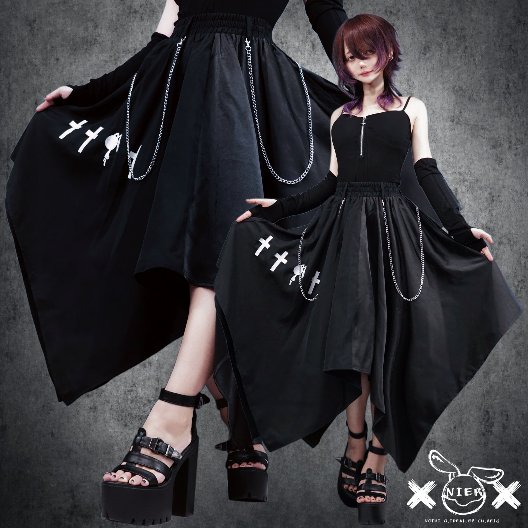 チェーン付きUNISEX DUAL FABRIC ASYMMETRY SKIRT【CROSS刺繍】 | NIER