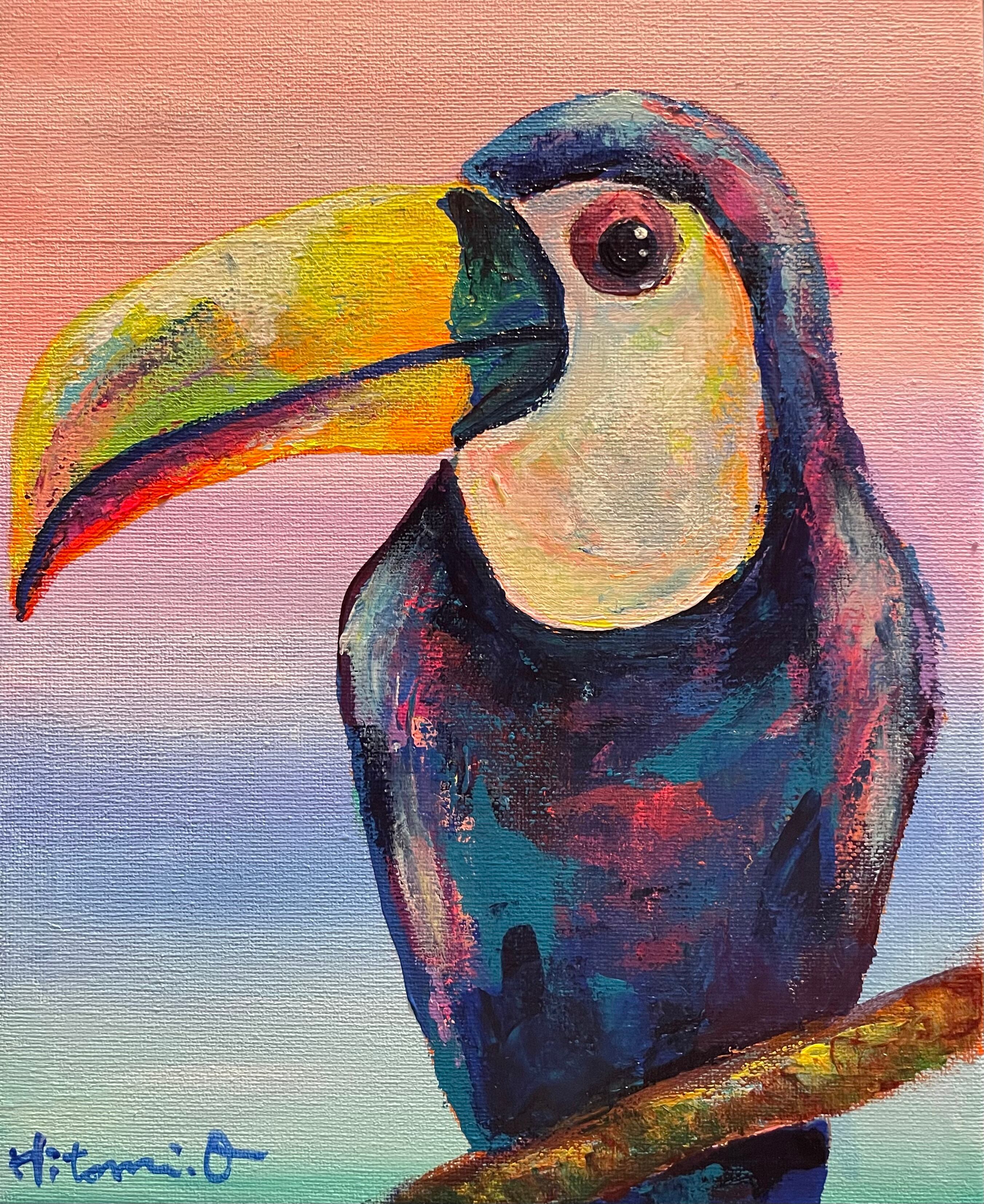 オオハシ　原画　油絵　アート　手描き A-120/26】原画 絵画 動物画 鳥の絵 オオハシ カラフル 27.3×22cm