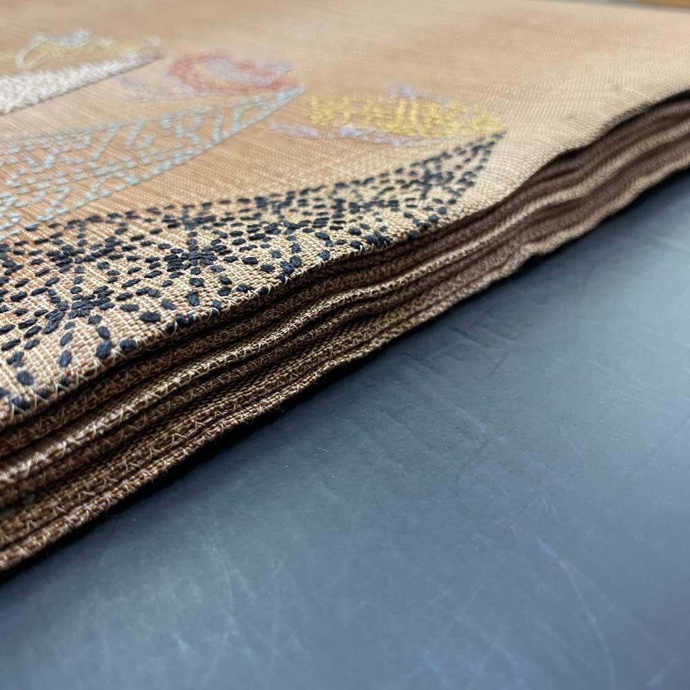 洒落袋帯 しゃれ袋帯 刺繍 ポイント柄 小紋 色無地 紬 442cm 中古 正絹 仕立て上がり 5245 洒落袋帯 しゃれ袋帯 すくい織り ポイント柄 小紋 色無地 紬 451cm