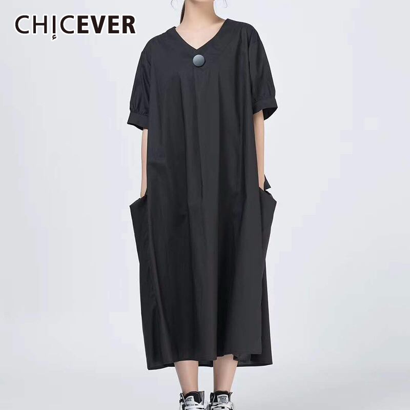 CHICEVERドレス女性Vネック半袖ポケットルーズフリーサイズシャーリングミディサマードレス2020 ショート ハーフスリーブ 夏物 6base544670738104