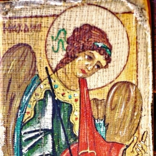 イコン画　大天使ミカエル　壁掛板絵　宗教美術　