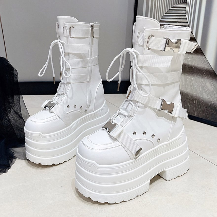 厚底ブーツ ストラップベルト ヒール高11cm チェーン ストリートファッション