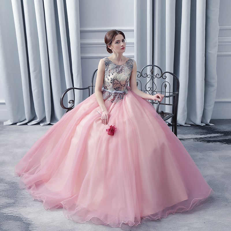 カラードレス ピンク ソフトチュール 花モチーフ 美品！ ロング