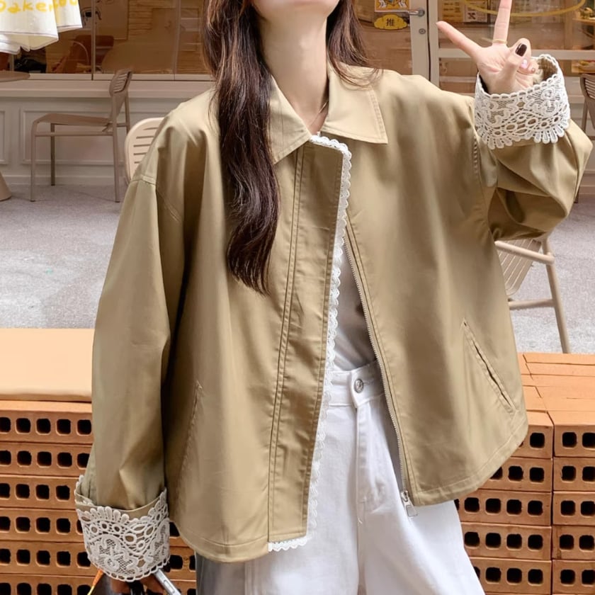 Lace hem zip jacket A1675 | arSelects