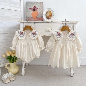 【姉妹服】花刺繡パフスリーブロンパース/ワンピース