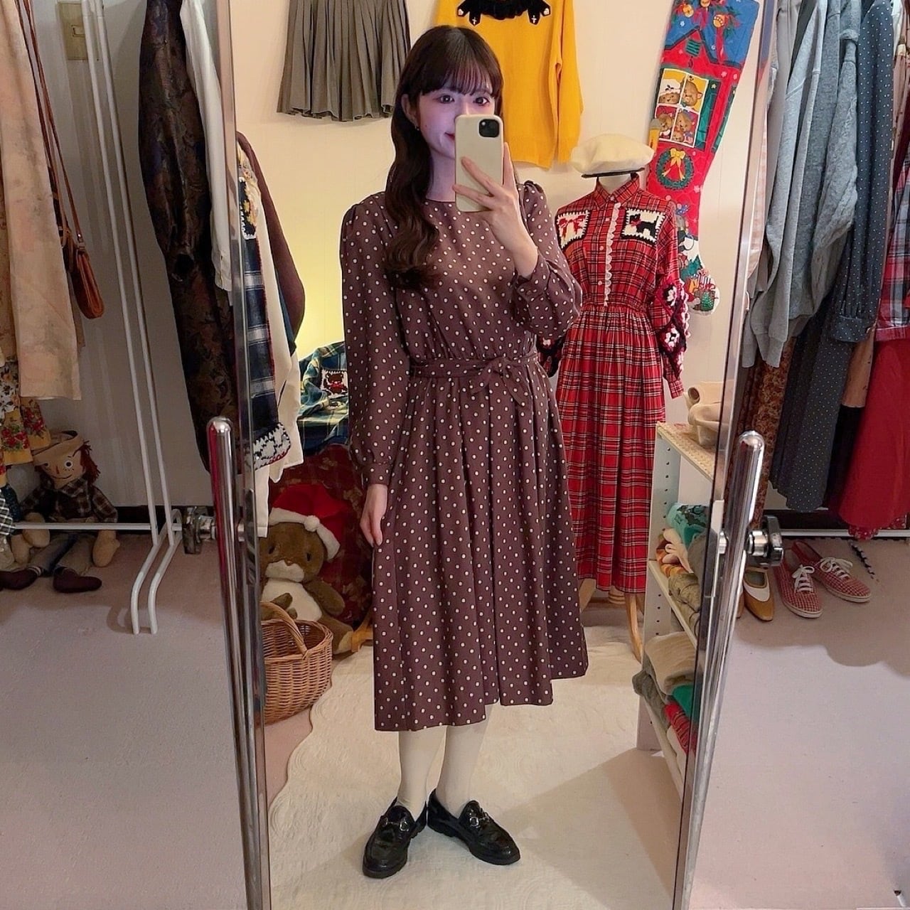 brown dot waist ribbon one-piece