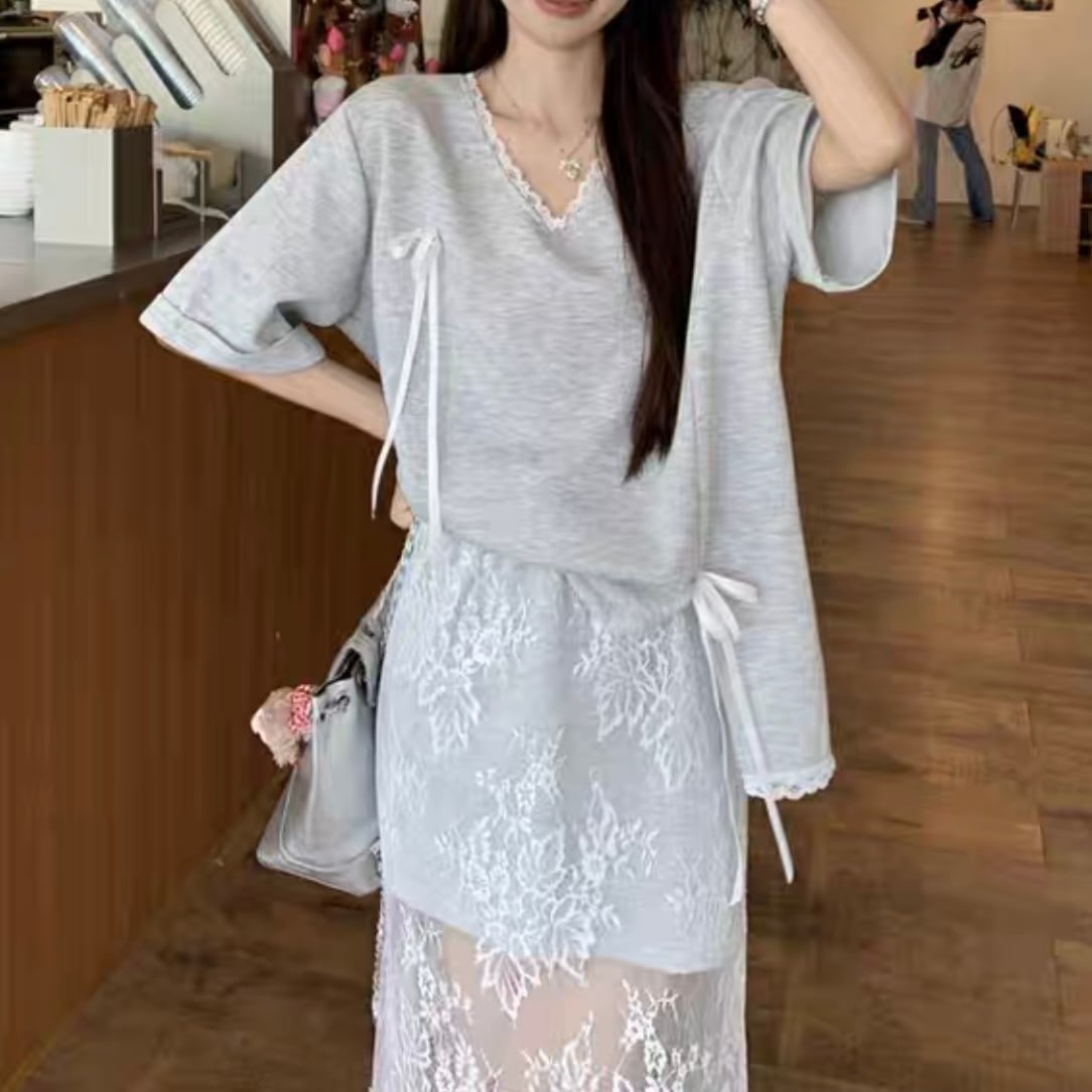 韓国 2点セット レース トップス レーススカート スリット 大人 2way セットアップ 韓国風 オルチャン レース スカート 透け感