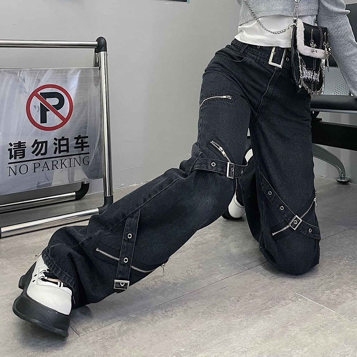 【予約】cross zipper black denim pants