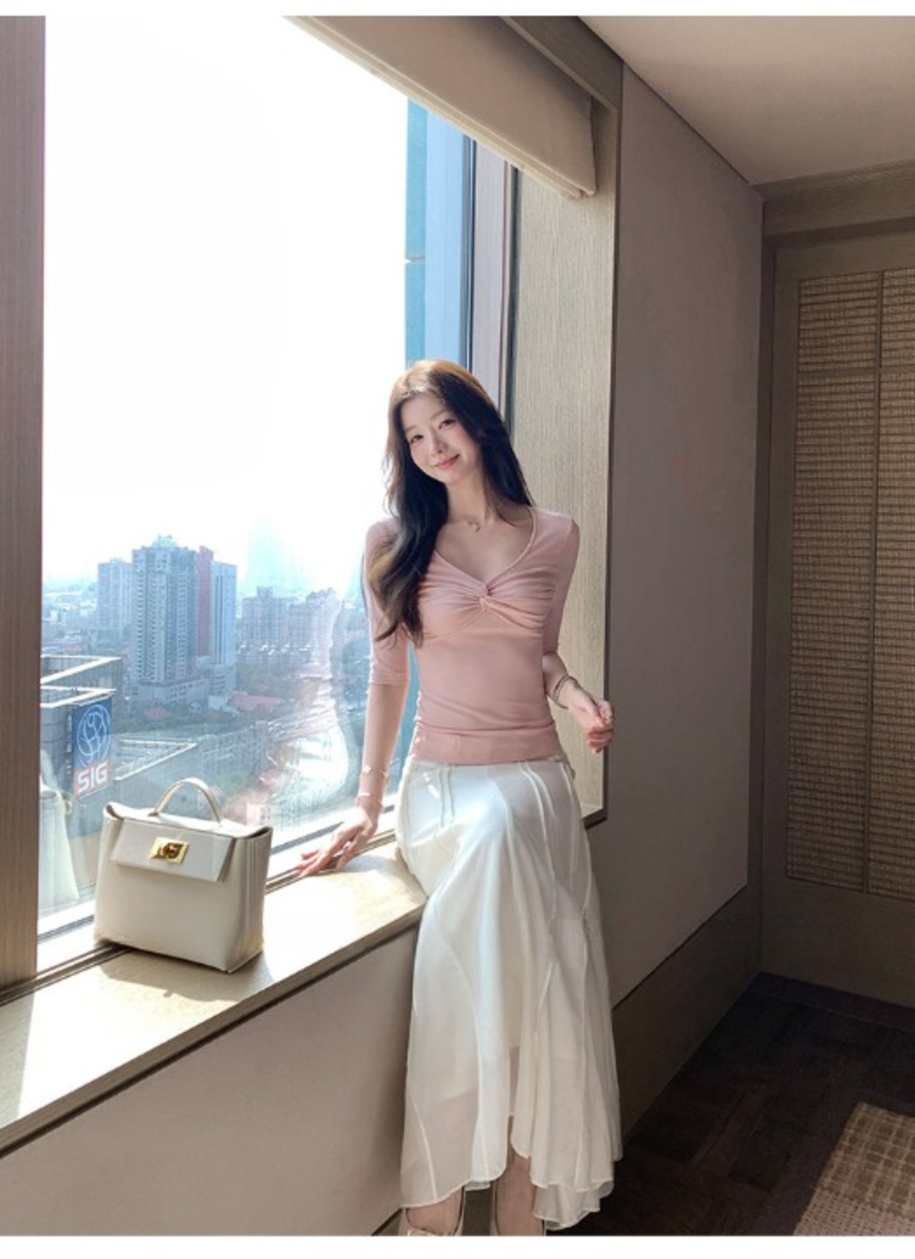 Glossy Material Pleated Flare Long Skirt【H00072】
