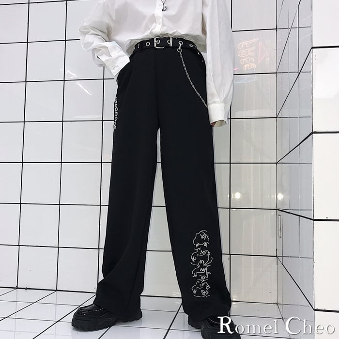 RomelCheo ストレート パンツ スラックス プリント ロゴ イラスト 和風 シンプル メンズ レディース ユニセックス モノトーン ストリート  v系 モード系 韓国 服 タック ウエスト シャツ パンツ イン カジュアル きれいめ ロメルチェオ