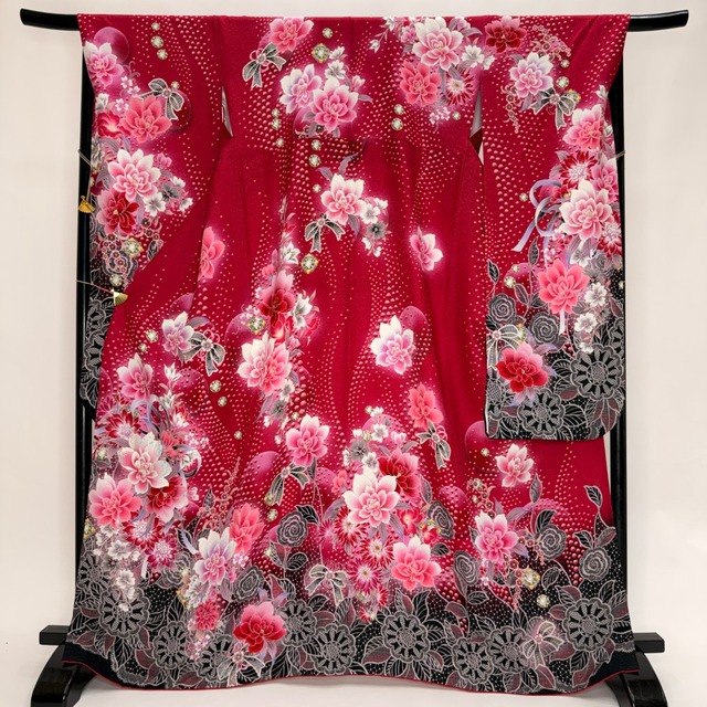 振袖 中古 赤 正絹 古典 裄69.3cm 身丈169cm 美品 L サイズ 成人式 6195