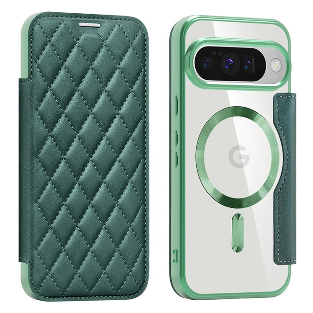 Google Pixel 10 /10 Pro 用 ケース RFID 手帳型 財布型 背面透明 Magsafe対応 カードポケット付き ピクセル10 /10Pro用 携帯カバー カード収納 スマホケース 高級レザー 耐衝撃 全面保護(クリア,グリーン)